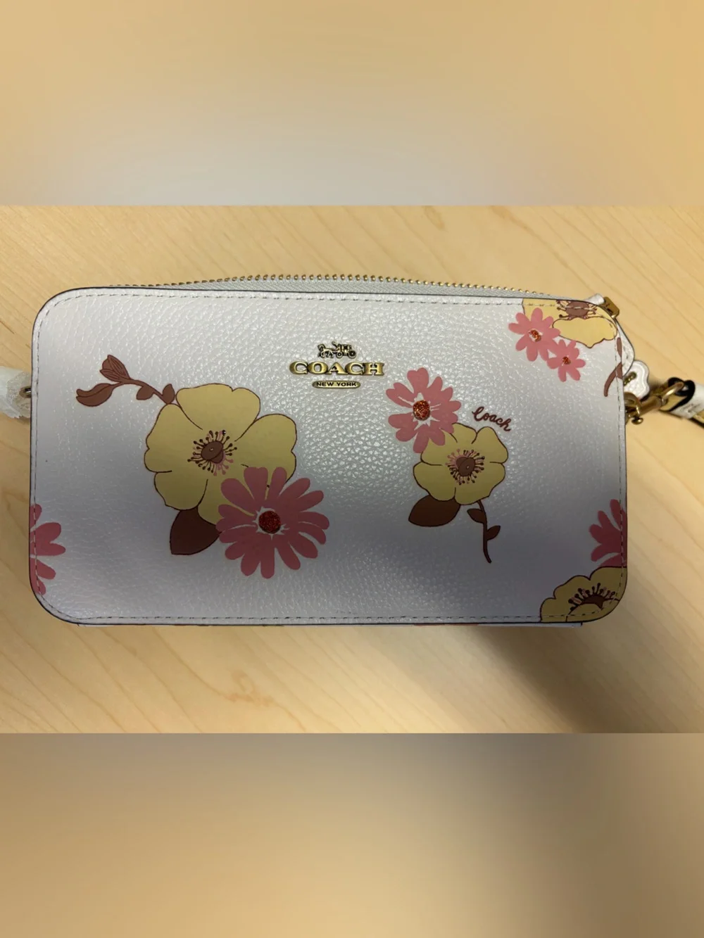 Coach White Floral Zip Wristlet with Pink & Yellow Blooms